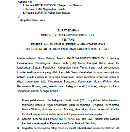 Disdikbud Kutim Kembali Gelar PTM, Kecuali 3 Kecamatan